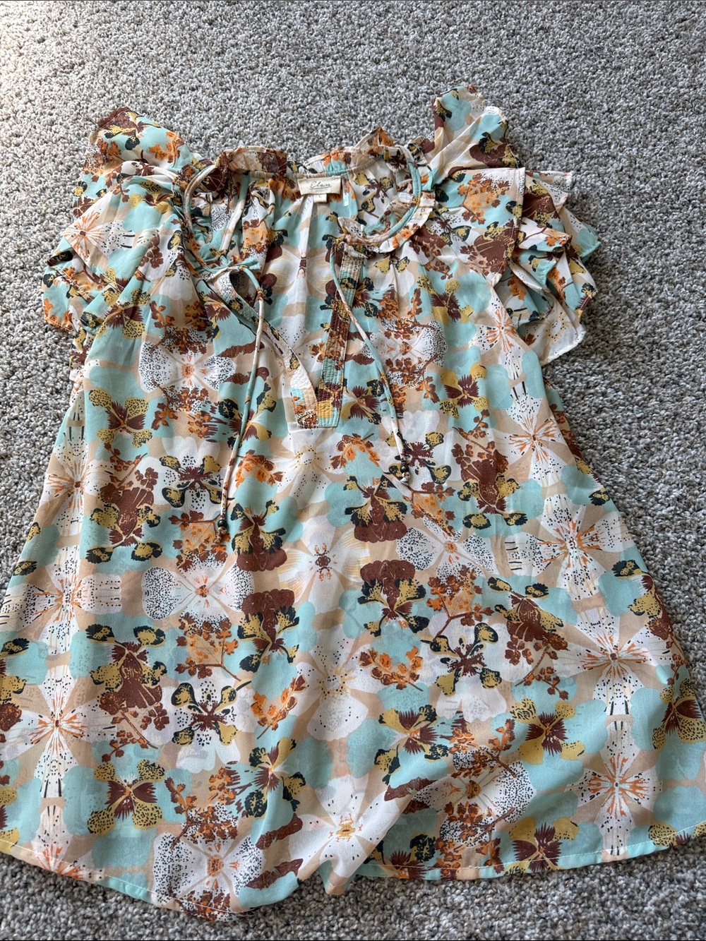 Elan Aqua and Brown Floral Blouse